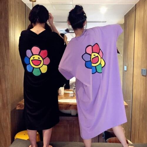 Cartoon Flower Long sleeve Long Night Dress Autumn New Women Nightgown Oversize Sleepshirts Nightie Nightdress Cotton Sleepwear