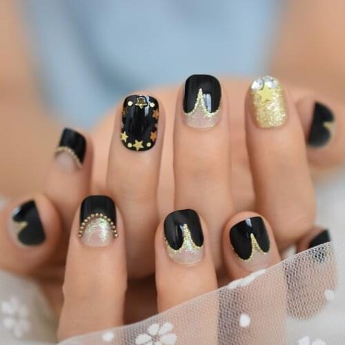 3D Decorated Fake Nails Small Size Sweet Heart Glitter Stars Designed Artificial False Nails for Students 22 CT
