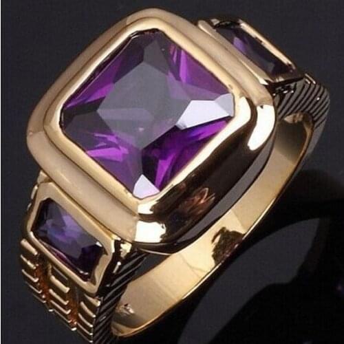 Classic Big 3 Colors Black Green Purple Square Cubic Crystal Gold Color Male Ring For Men Party Jewelry Accessories