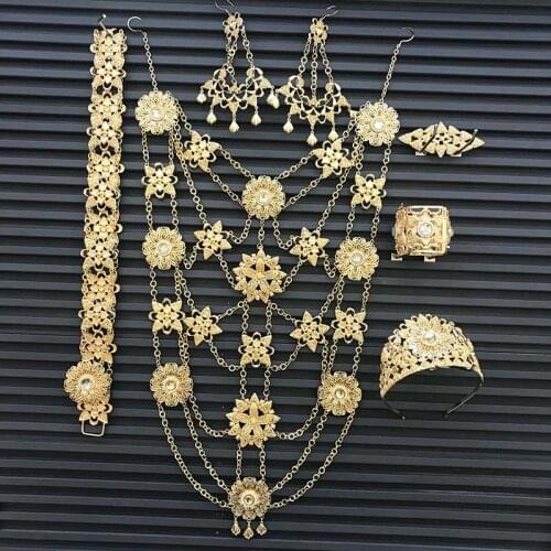 Fashion Dubai large jewellery set chain necklace earrings corsage belt bracelet crown six piece Algerian woman wedding jewellery