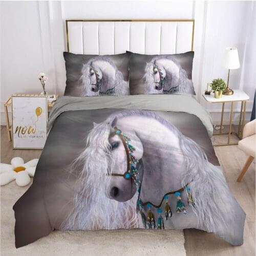 3D Bedding Sets Duvet Quilt Cover Set Blanket Case Bed Linens King Queen Full Single Double Gray Animal Horse Home Texitle