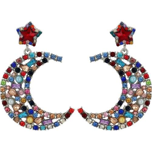 Fashion Metal Full Diamond Moon Star Earrings Crystal Drop Earrings Women