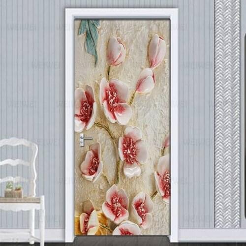 Door Mural 3D Red Floral Relief Pattern 3D Door Sticker Eco-friendly Door Home Decor Decals PVC Self-adhesive Wallpaper Poster