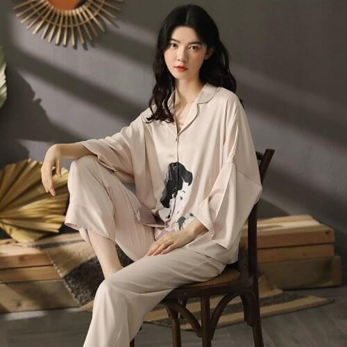 Autumn Hot Sell Long Sleeve Women Pajamas Set Pure Color Imitated Silk Trend of Back Homewear Simple Two-piece Set Lady Nightie
