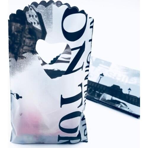Plastic Gift Bag Black Fashion Newspaper Pentagram Pattern Shopping Bags With Heart Handle Charm Boutique Gift Packaging Bag