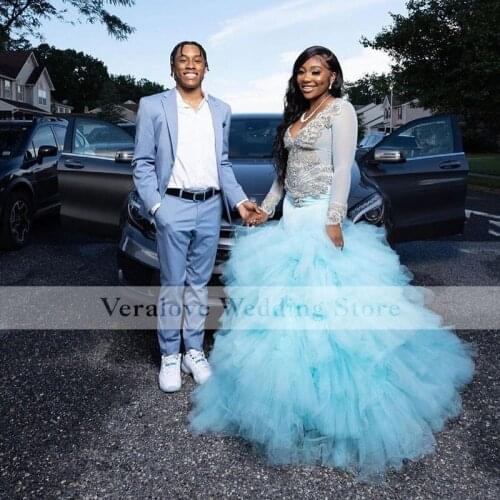 2K21 Ruffles SKirt Robe De Soiree African Mermaid Prom Dress Long Sleeves Appliques Beads Evening Party Gowns