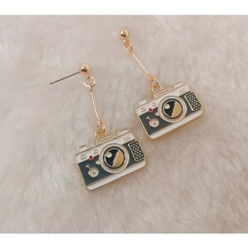 Charm enamel camera pendant earrings, womens pendant earrings
