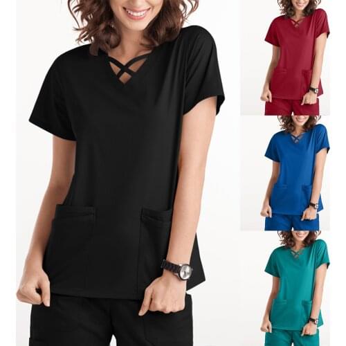 Care Worker T-Shirt Tops Short Sleeve V-Neck Pocket Pure Color Sleeve 2021 New Fashion Nurse Uniform for Women Mukoti Yunifomu
