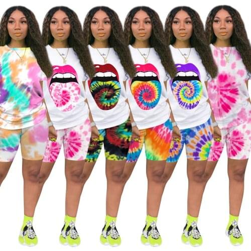 Womens Tie-dye Print 2pcs Suits Casual Short Sleeve Round Neck T-shirt Tops High Waist Slim Pants Sports Fitness Yoga Shorts