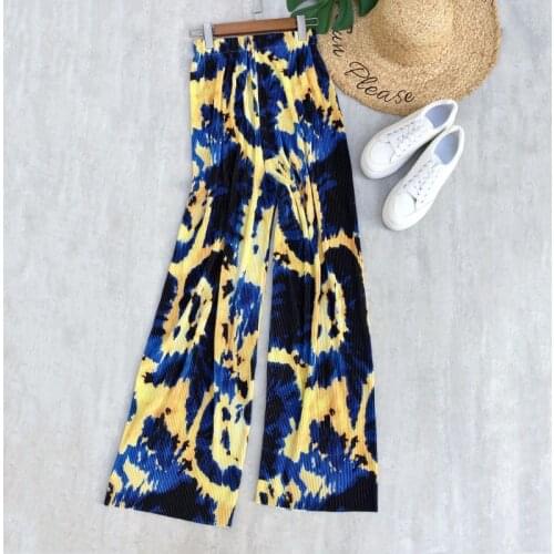 Spring Summer Women Pleated Wide Leg Pants Water Drop Tie Dye Graphic Print Loose Fit High Waist Straight Long Pants Trousers