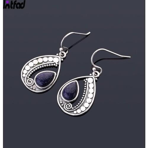 Natural 6*9MM Drop-Shaped Blue Sandstone Earrings 925 Sterling Silver Pendant Earrings for Women Gift Retro Ear Jewelry
