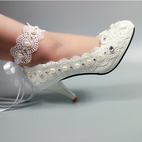 Womens wedding shoes White Lace-Up Bride shoes for woman High heels anckle strap high heel Bridal party dress shoes