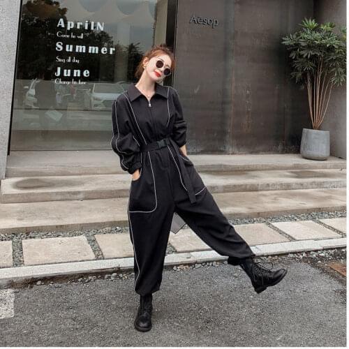 Women 2021 Spring Autumn Fashion Romper Overalls with Belt Female Casual Pocket Zipper Cargo Pants Jumpsuit Lady Playsuits Y164