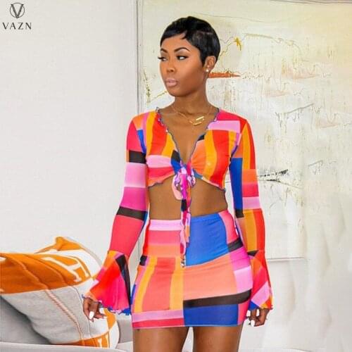 VAZN 2021 Women Suit Sexy Holiday Style Long Sleeve Deep V Short Top Elastic Mini Short Skirt Printed Dress 2 Piece Sets
