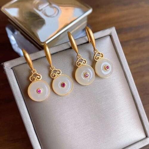 Natural Hetian Jade White Jade Safety Buckle Earrings S925 Sterling Silver Ladies Fashion All-Match Retro Classic Ornament