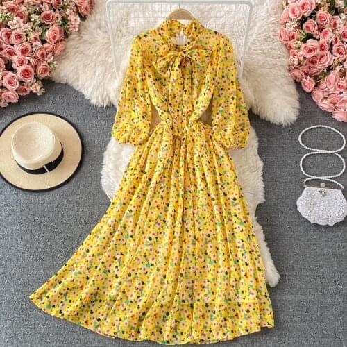 2021 summer retro temperament printing bow tie neck waist slimming holiday long skirt chiffon dress