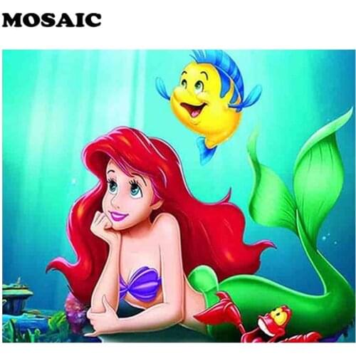 5D DIY Diamond Painting Cross Stitch Cartoon mermaid Picture Round Diamond Embroidery Mermaid Princess mosaic Home Decor Art