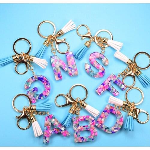 A-Z Initial Tassel Keychains Keyrings Women Acrylic Letter Glitter Resin Alphabet Couple Key Ring Chains Bag Charm Accessories