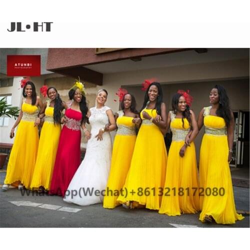 African 2021 Yellow One Shoulder Bridesmaid Dresses Lace Beaded Chiffon Black Girls Wedding Party Bridesmaid Dress for Womens
