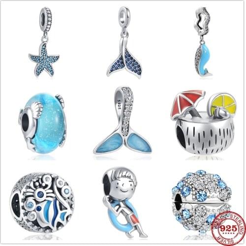 Summer New Starfish Dolphin Shell Mermaid Tail Silver 925 Charm Bead Fit Original Pandora Bracelets DIY Ocean Series Jewelry