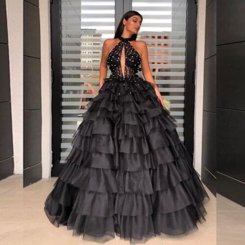 Long Tiered Beaded Prom Dresses Long O Neck Sleeveless Black Ball Gown Formal Prom Party Dress robe de soiree