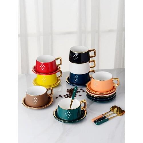 Coffee cup European-style small luxury afternoon tea household ceramic tracing gold rhinestone with saucer spoon flower tea cup