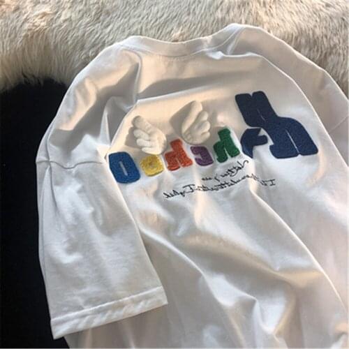 Summer O-Neck T-Shirt Women Japanese Harajuku Cute Angel Wings Short-Sleeve T-Shirt 2021 Vintage Oversize Loose Embroidery Tops