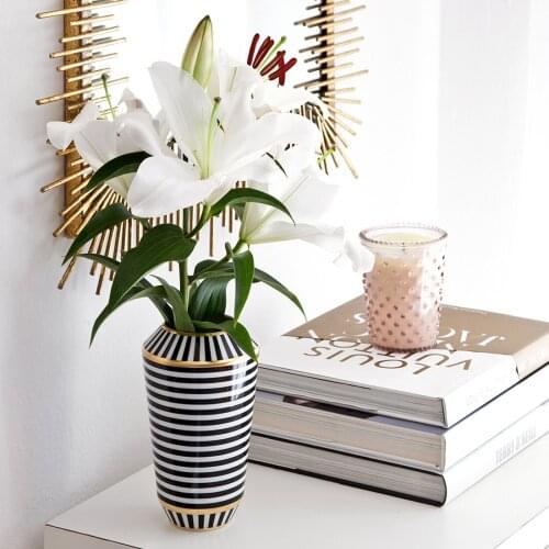 Classic Black And White Gold Stripe Ceramic Flower Vase For Home Living Room Office Wedding Soft Ornament Decoration Accessories