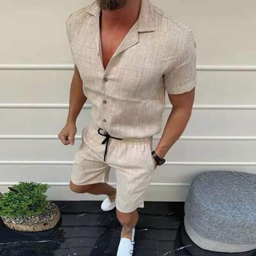 Spring Summer Loose Two Piece Set Tracksuit Casual Suits Men Shirt Blouse Cotton Linen Shorts Pants 2 Piece Sets For Men Clothes