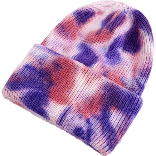 Unisex Cool Winter Acrylic Stretch Knit Sport Windproof Warm Short Melon Cap Men Women Gradient Tie Dye Hat Skullies Beanies R80