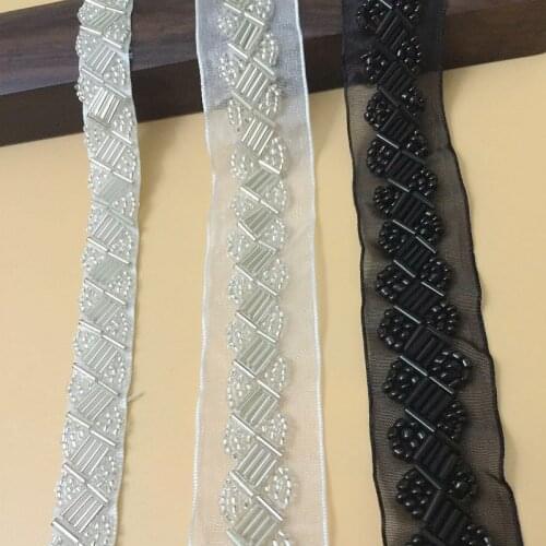 3Yards White Black Pearl Beaded Lace Trim 1.3-2.5cm Organza Ribbon Beads lace for Wedding Dress