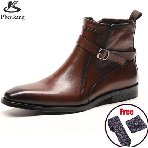 Men winter Boots Genuine cow leather chelsea boots brogue casual ankle flat shoes Comfortable quality Zipper dress boots 2020
