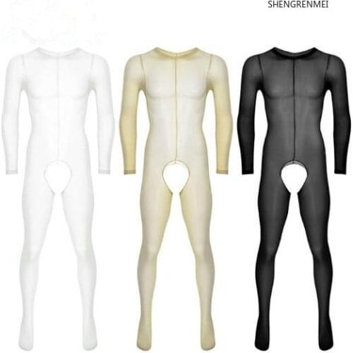SHENGRENMEI Mens See Through Sheer Long Sleeves Round Neck Crotchless Footed Stretchy Body Pantyhose Tights Full Body Stockings