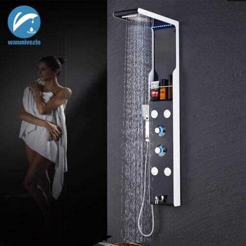 Wall Mounted LED Light Rain Waterfall Shower Panel Faucet Body Massage Jets Shower Faucet Brass Tub Spout Shower Column Tower