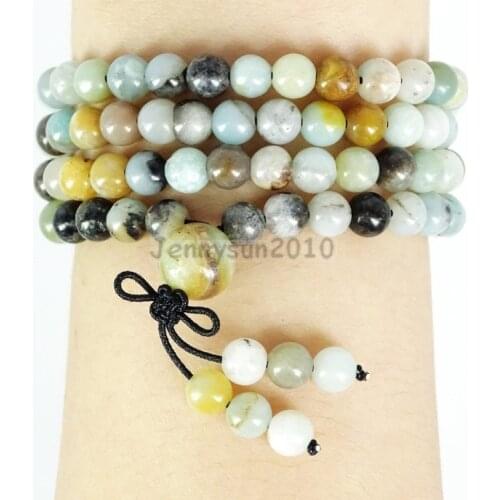 Natural Multi-Colored Amazonite 6mm Gems Stone Buddhist 108 Beads Prayer Mala Multi-Purpose Stretchy Bracelet 5Strands/Pack