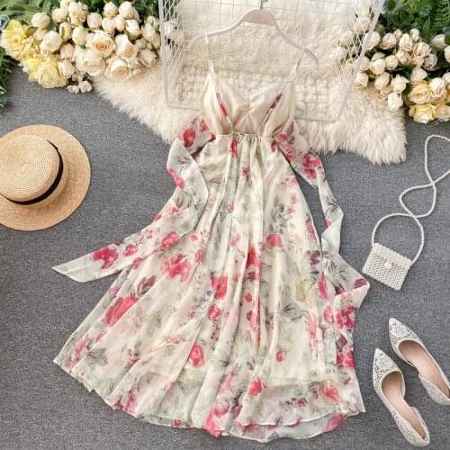 FMFSSOM 2021 Summer New Women Beach Style Sexy Spaghetti Bow Printing Dress Ladies V-neck Backless Chiffon Vacation Long Dress