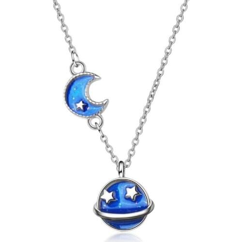 New Fashion Exquisite Blue Starry Sky 925 Sterling Silver Jewelry Epoxy Moon And Star Pendant Necklaces H402