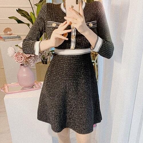 New arrival fashion women elegant office lady work style high quality winter thick warm black knit elastic mini a-line dress