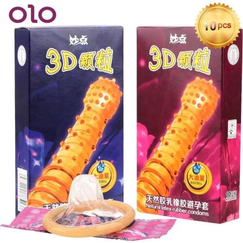 OLO 10Pcs/Box Cock Condom Latex Penis Sleeve Ejaculation Delayed Safe Contraception 3D Big Particles Spike Dotted Much Oil