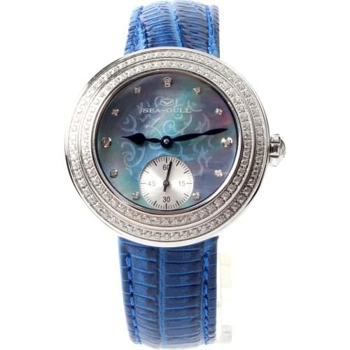 Genuine Seagull Rhinestone Bezel Lady Wristwatch Light Blue MOP Dial Hand Wind Small Second Womens Mechanical Watch 719.750L