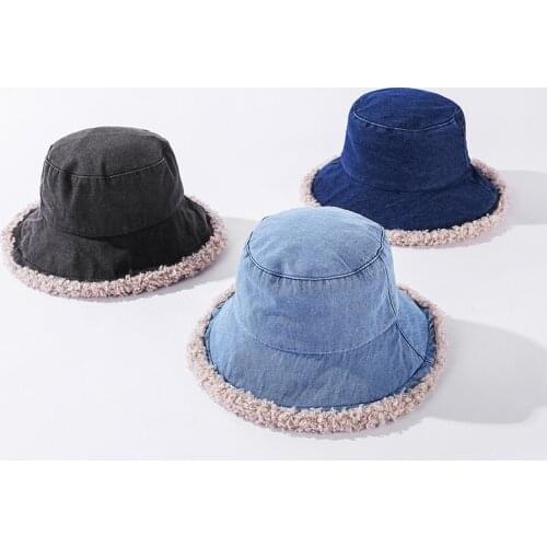 Valentines Day Fashion Bucket Hats For Women Girl Warm Denim Winter Vintage Lamb Velvet Cap Bonnet Hats gorros mujer invierno