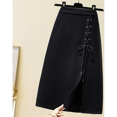 Casual black high-waist lace-up split half-length skirt 2021 spring autumn new woolen all-match mid-length skirt women 4XLs218