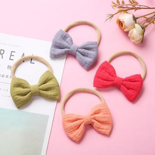 Baby Bows Headband Girls Cotton Linen Hairband Pleated Infant Nylon Head Bands Soft Toddler Newborn Hair Accessories Lovely