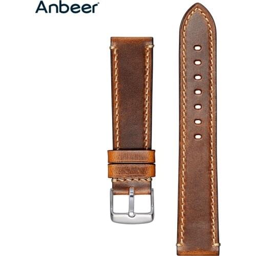 Anbeer Vintage Watchband 18mm 20mm 22mm 24mm Germany Crazy Horse Leather Watch Strap Retro Saddle Style Watch Band Belt