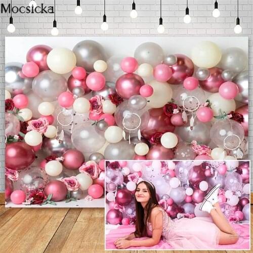 Pink Balloon Flowers Decor Photography Backdrops Birthday Cake Smash Photo Props Studio Booth Background Dreamcatcher Photoshoot