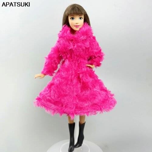 Pink Winter Rose Fur Warm Cardigan Midi Coat for Barbie Doll Outfits Clothes for Barbies Parka Kids Toy Playhouse Accessories