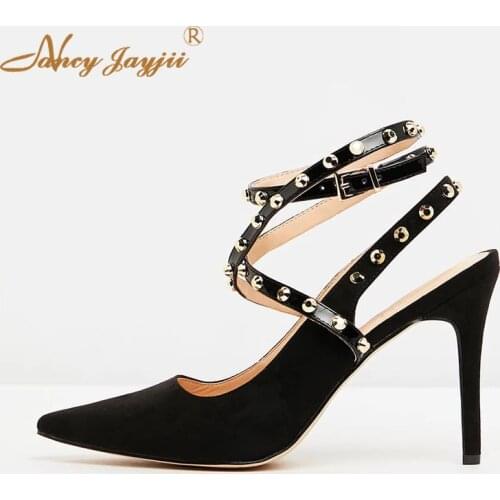 Female Shoes Adult Lady Sandals Black Solid Rivet Buckle Ankle Strap Super High Thin heels Wedding Party Fashion Mature 2019