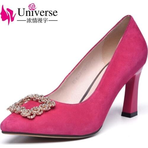 Universe Crystal Decorated Sweet Pumps Kid Suede High Heel Dress Shoes Pointed Toe Elegant Women Shoes crystal E013