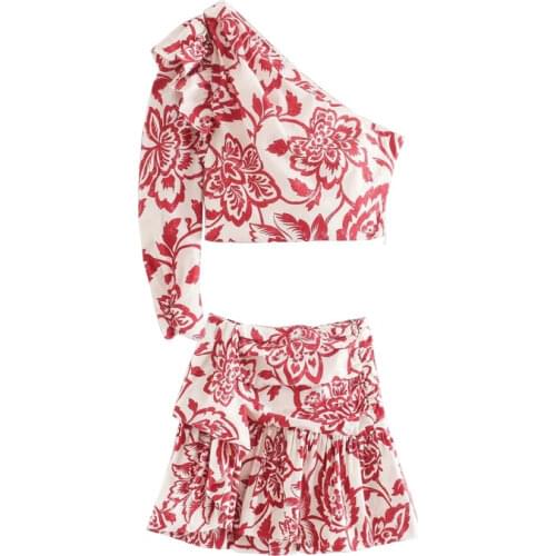 TMODA Za Women One Shoulder Pleated Ruffles Crop Shirt Totem Flower Print Slim Blouses Floral Pleated Mini Skirt Two Piece Sets