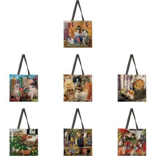 Womens Beach Bag Foldable Shoulder Bag Shopping Bag Country Rural Cat Print Tote Bag Linen Casual Tote Bag Reusable